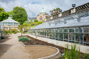 Greenhouse of Copenhagen botanical garden building. View from the outside.