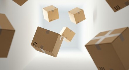 Floating cardboard boxes in a minimalistic white space  