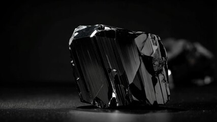 Macro shot of rough black tourmaline crystal cluster against a dark background showing texture and crystalline structure in light reflection