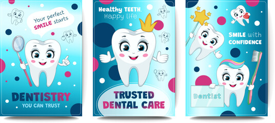 Dental care vector set with cute cartoon teeth and happy smile elements
