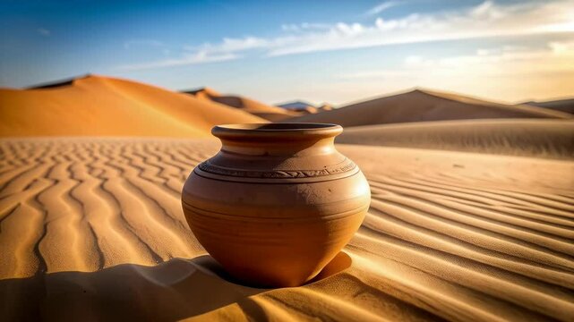 Earthenware vase situated on sun-drenched desert sand dunes beneath a serene blue sky, creating a sense of timelessness and arid beauty.