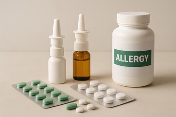 Various allergy medications organized neatly on a clean surface with clear labeling highlighting their purpose
