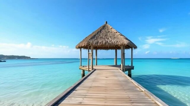 A wooden pier extends into a turquoise sea, leading to a thatched-roof gazebo under a clear blue sky.