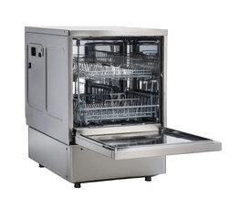 Stainless steel commercial dishwashing machine, open access to interior