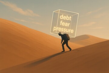 Conceptual illustration of man carrying burden of debt fear pressure uphill