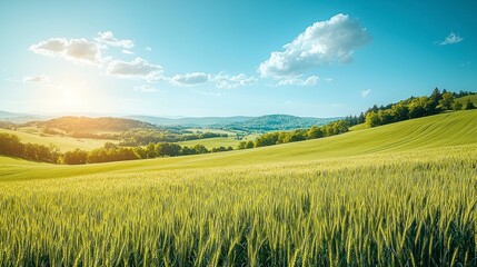 Fototapeta premium Green field, sun, sky, trees, and hills