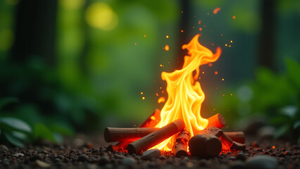 warm golden flame flickers lush green background footage captures mesmerizing dance crackling sparks