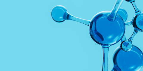 3d Abstract blue glass molecular structures. Cosmetic collagen serum, moisturizer water, vitamin, hyaluronic acid for skin care. Healthcare concept