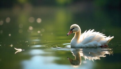 Fototapeta premium Serene pond scene with soft, fluffy feathers floating gently on the still water, sunlight reflecting beautifully , texture, bird, peace