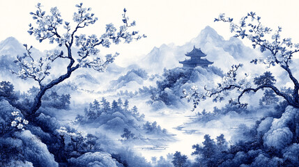 Blue & White Chinese Landscape Painting, Misty Mountains, Cherry Blossoms, Pavilion