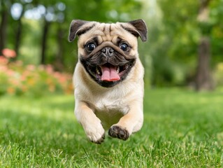 Fototapeta premium A happy pug running in a park, tongue out, playful, joyful expression, green grass background.