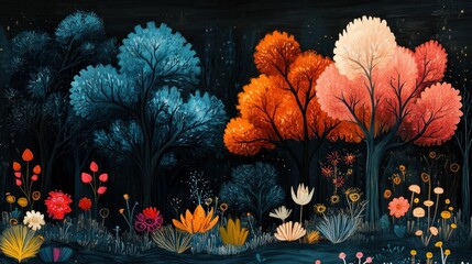 Colorful enchanted forest artwork, night scene, fantasy illustration, home decor