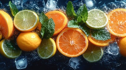 Citrus fruits, ice, mint, beverage, background, studio, overhead, summer, refreshing, drink