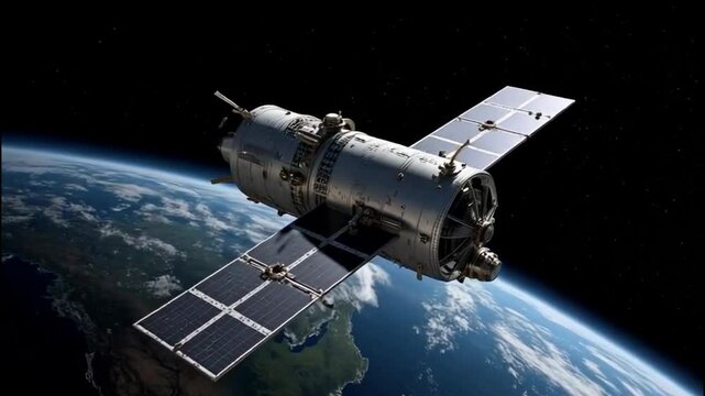 The image depicts a satellite orbiting Earth, showcasing solar panels and a metallic body against a backdrop of space and part of the planet.