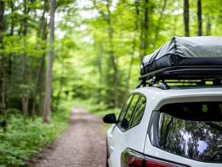White car with roof cargo carrier parked on a dirt road, lush green forest surrounds the vehicle, giving a sense of adventure.