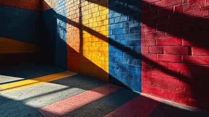 Colorful brick wall alley sunlight shadows urban background