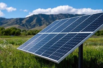 Solar Panel with Mountain Background on a Sunny Day