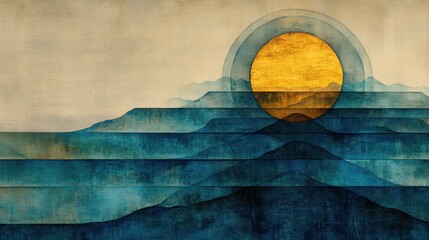 Abstract sunset mountainscape, layered texture, calming art print