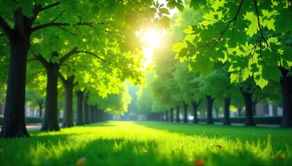 Lush green leaves in a vibrant city park, dappled sunlight filtering through the canopy, creating a tranquil and peaceful atmosphere Perfect for nature, urban, and environmental themes , flora, tree