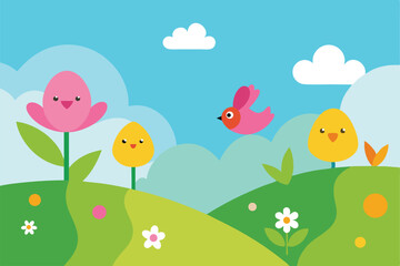 Naklejka premium cheerful spring landscape for kids illustrated
