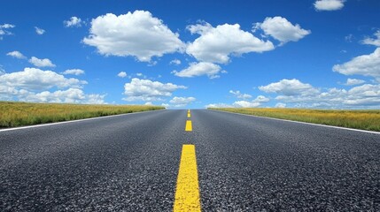 A wide, empty road stretches into the distance, with a yellow line marking the center, under a blue sky dotted with fluffy white clouds.