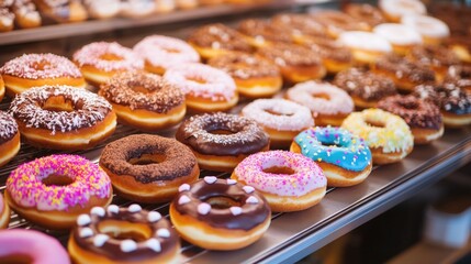 Assorted chocolate-glazed donuts in bakery display close-up