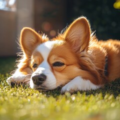 Adorable Pembroke Welsh Corgi puppy lying on lush green grass outdoors du golden hour sunlight with a relaxed expression and bright orange and white fur