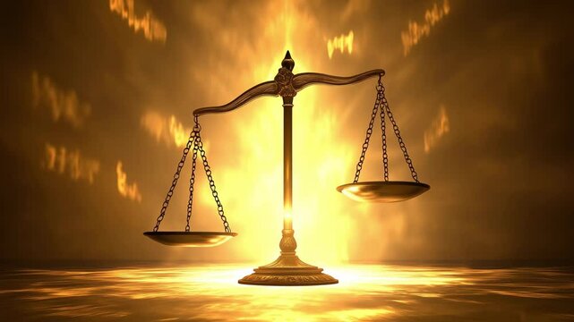 A golden balance scale stands tall against a radiant background, symbolizing justice and fairness. The shimmering light brings focus to the scales, reflecting deep themes of equity and truth