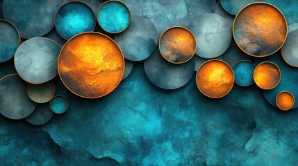 Abstract teal circles wall art, orange glow, textured background, website banner