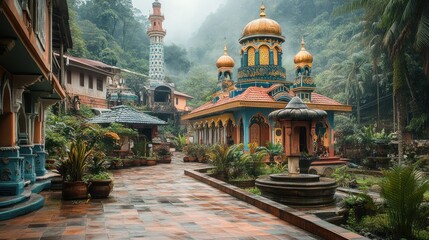 Tropical Temple Courtyard, Mountain Mist, Peaceful, Asian Architecture, Spirituality, Travel
