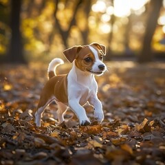 Playful small dog puppy running outdoors in autumn forest with fallen leaves, energetic, happy, and active pet explo nature scenery in warm sunlight