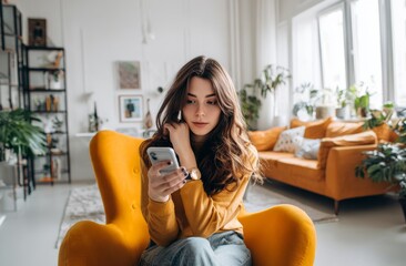 Young Woman Using Smartphone in Modern Living Room Interior
