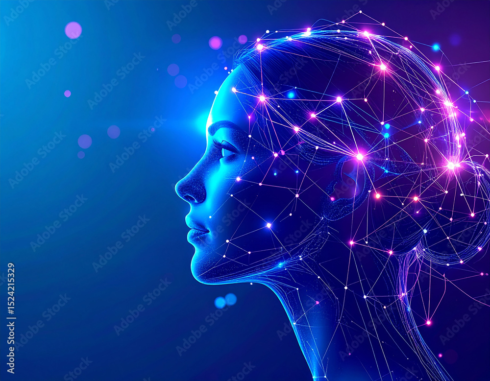 Wall mural digital illustration of a high-tech ai face with illuminated neural lines branching out, set in a fu