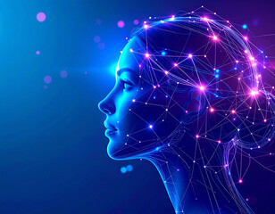 Digital illustration of a high-tech AI face with illuminated neural lines branching out, set in a futuristic blue and purple color scheme with a minimal flat design-generative AI