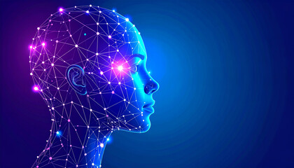 Obraz premium illustration of a futuristic AI face connected to neural networks, glowing digital lines, blue and purple tech color scheme, flat modern design, clean background-generative AI