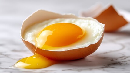 Cracked Eggshell on Marble Surface with Vibrant Yellow Yolk Spilling Out