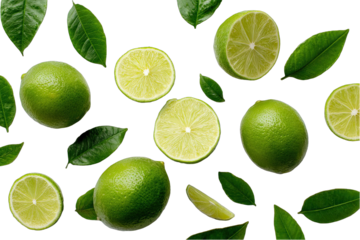 Fresh lime slices and leaves scattered on a black background