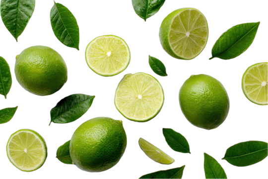 Fresh lime slices and leaves scattered on a black background