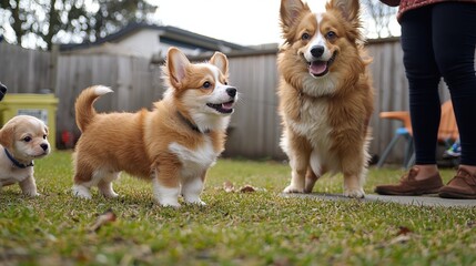 Cute Pembroke Welsh Corgi puppies in a grassy backyard with adult dogs and humans, joyful dogs playing outdoors, natural light, pet activity, family fun scene