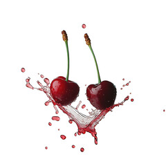 Two cherries splashing juice isolated on transparent background