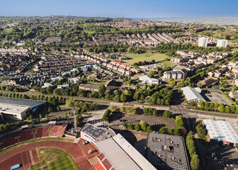 Gateshead UK: 10th May 2025: Drone view point of Gateshead Stadium from a drone pov