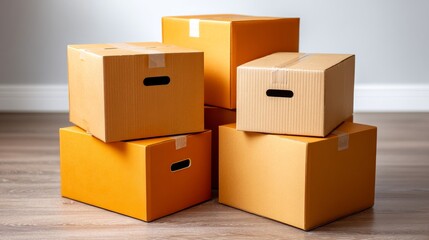 Obraz premium Stack of Cardboard Boxes in Various Sizes on a Neutral Floor in a Bright Room