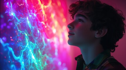 A young person gazes in awe at a vibrant, glowing wall of colorful electric-like lights in a dark room, future queers in Pride Month