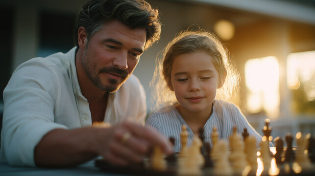 Father and daughter playing chess at sunset on the porch
