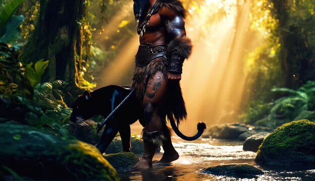 A bald muscular African American warrior walking along a river with a black panther in the jungle with lush green trees and rocks