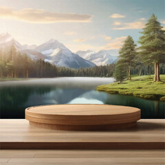 Empty Round Wood Table for Display with Nature Background - Rustic Circle Wooden Table and Blurry Tea Hills in Background - Foreground Wood Table with Defocused Tea Garden Scenery