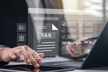 Digital tax management concept with businessman working on laptop and virtual checklist, showing electronic document preparation, calendar deadline, and online income filing accuracy