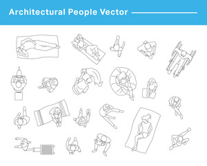 CAD Drawings. Set people outlines isolated on grey background. Sitting, walking, running. Top view. Vector illustration.	