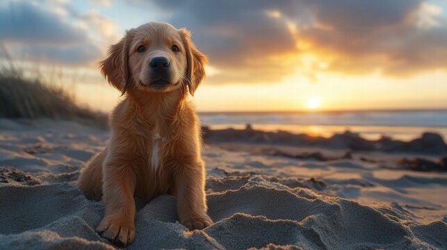 Adorable golden retriever puppy sitting on sandy beach du sunset with golden light and calm ocean background, perfect for pet, nature, and sunset themed visuals
