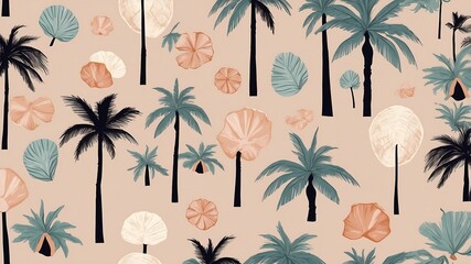 Tropical Palm Tree and Leaf Pattern Seamless Design